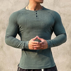 BONSIR  -  Casual Long Sleeve Solid T-shirt Gym Man Long Sleeve Henry Collar Shirt Muscle Men Elastic Ribbed Basic Tops Pullover Streetwear