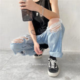 BONSIR  -  Spring Summer New Y2K Hole Fashion Straight Pants Man High Street Thin Style Personality Cowboy Cotton Ankle Length Pants