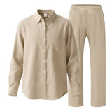 BONSIR  -  Summer Casual Mens Linen Two Piece Suits Leisure Breathable Long Sleeve Shirt And Trousers Men Outfits Fashion Solid Color Sets