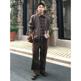 BONSIR  -  American Retro Spliced Knitted irt Collar Cardigan for Men Early Autumn Casual Sle Stand Fit Long Sve Plaid Pattern