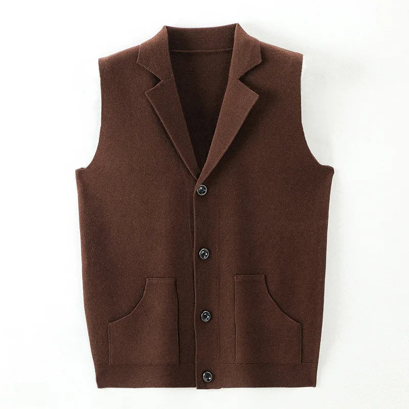 Bonsir Spring New Fashion Golden Velvet Men's Knitted Vest Solid Suit Collar Button Patchwork Pockets Smart Casual Warm Sleeveless Top