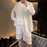 BONSIR  -  Mens Hollow Ballroom Sets Shirt Summer Nightclub Performance Niche Personality Outer Shorts Two Sets Men'S Clothing 2025 New