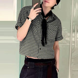 BONSIR  -  Men Plaid Shirt Lapel Short Sleeve Pockets Korean Style Men Clothing Summer Loose 2025 Streetwear Causal Male Crop Tops