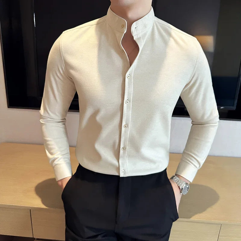 Bonsir Autumn Winter Thickened Woolen Warm Stand-up Collar Shirt High Quality Men Business Slim Fit Casual Shirt Men's Clothing 4XL-M