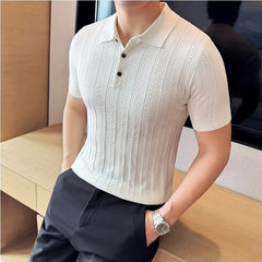 Bonsir Summer Lyocell Jacquard Knitted Polo Shirt For Men High Quality Ice Silk Stripe Casual Business Lapel Short Sleeved T-shirt