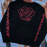 Bonsir Mens Y2K T-Shirt Red Rose Print Long Sleeved T-Shirt Autumn American Casual Old Campus Vintage Stranger Things Streetwear Unisex