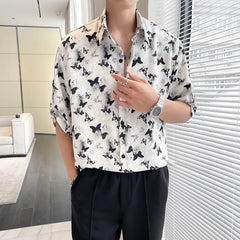 Bonsir Men's Korean Butterfly Printed Shirt Seaside Vacation Casual Tops Beach Clothing short-sleeved shirts youth personality tops