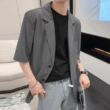 BONSIR  -  Men Plaid Blazer Lapel Half Sleeve Button Casual Suits Men Streetwear 2025 Korean Style Fashion Leisure Thin Coats S-5XL