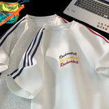 BONSIR  -  New Embroidery T-shirt Rainbow Coloured Letters T-shirt Fashion Striped Collision Summer Short-sleeved Tops Street Couple Tee