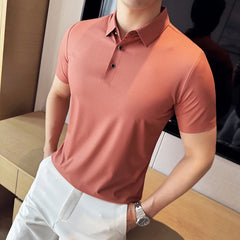 Bonsir Summer Ice Silk Seamless Polo Shirts For Men High Elasticity Thin Dark Stripes Solid Casual Slim Fit Short Sleeved T-shirt