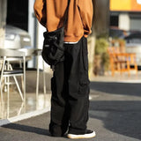 Bonsir Men's Multi-pockets Cargo Pants Autumn Vintage Solid Color Hiphop Overalls Baggy Casual High Street Mopping Trousers