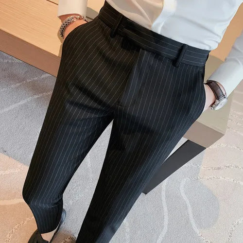 Bonsir British Style Striped Slim Fit Suit Pant Men Business Casual Simple Dress Pants High Quality Social Wedding Party Trousers 38-28