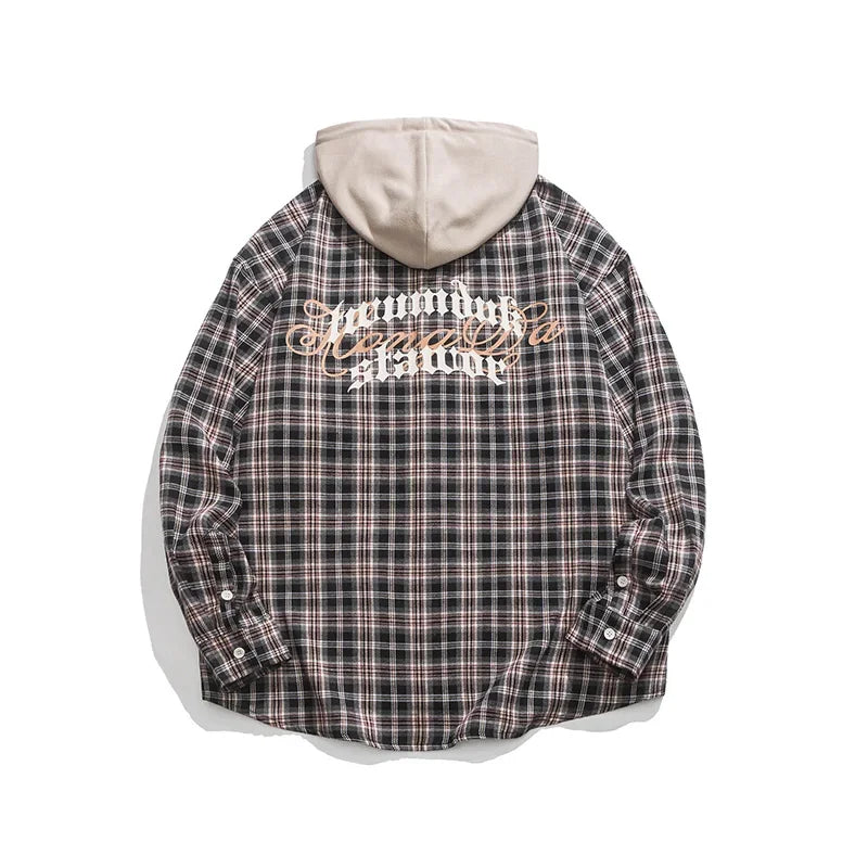 BONSIR  -  Plaid Men's Hooded Shirts Fashion Spring Casual Unisex Blouses Letter Harajuku Loose Shirts