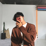 BONSIR  -  Men All-match Knitted Loose Big Sweater in Spring and Autumn Fashionable V-neck Single-breasted Pure Color Knitted Cardigan Coat