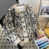 BONSIR  -  Loose Fit Leopard Print Cardigan Sweater Men's American Sle Knitted Coat Fake Mink Spring Faion Cleanfit Knitwear