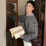 BONSIR  -  American retro contrasting color striped twisted zipper cardigan knit sweater jacket men and women casual versatile tops