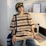 Bonsir Summer Street Men and Women Trendy Retro Stripe Round Neck Short Sleeve American Hip Hop Loose Casual T-shirt Top harajuku y2k