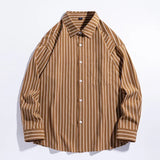 BONSIR  -  Autumn Business Casual Striped Shirts for Men Tops Stripe Shirt Loose Top Cotton Blouse Cardigan Korean Long-Sleeved Shirts