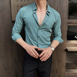 BONSIR  -  High Elasticity Long Sleeve Men's Dress Shirts Business Gentleman Social Slim-fit Men Shirt Casual Button Up Solid Mens Clothing