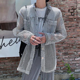 Bonsir Mens Y2k Casual Mesh Tops Genderless Spring Autumn New Fashion Individuality Loose Versatile Streetwear Retro Shirts Unisex