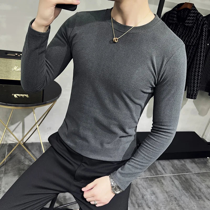 Bonsir Autumn Winter Thickened Round Neck Long Sleeved T-Shirt 2022 Korean Tops Fashion Men's Slim Double Faced Velvet Bottomed T shirt