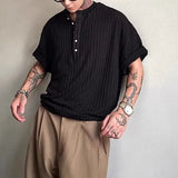 BONSIR  -  Vintage Striped Ribbed Knit T Shirts Mens Casual Henley Collar Buttoned T-shirt Men Spring Summer Fashion Slim Half Sleeve Tees