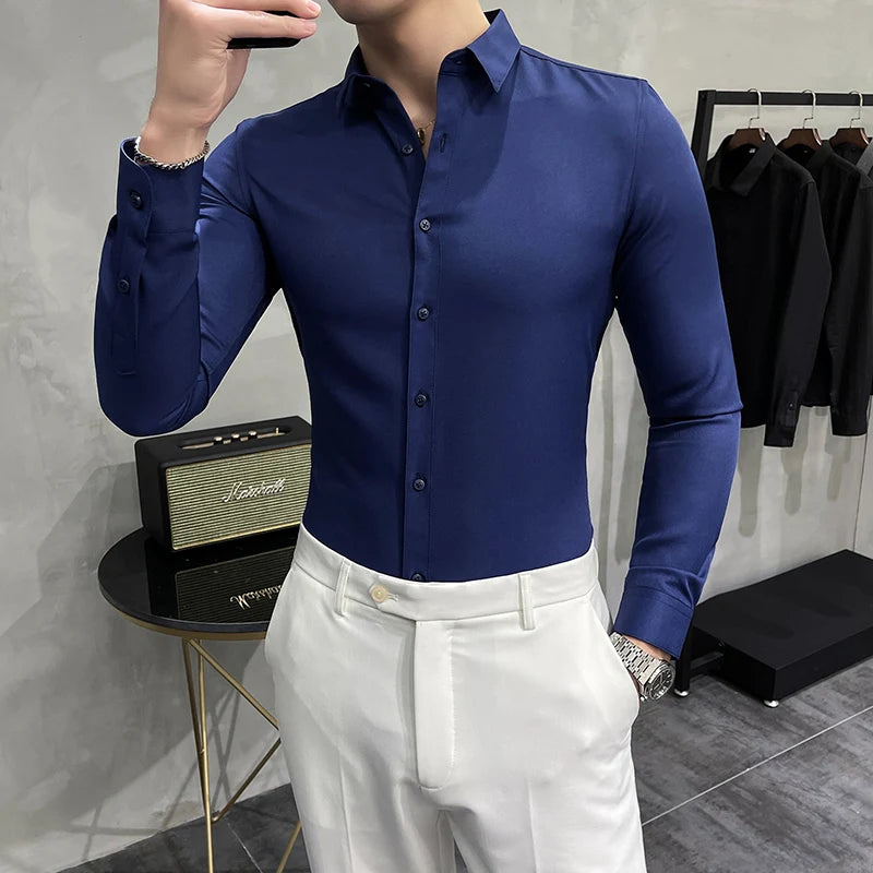 Bonsir Plus Size 7XL-M High Quality Men Dress Shirt Spring Long Sleeve Solid Business Slim Shirts Homme Dress Social Casual Shirt