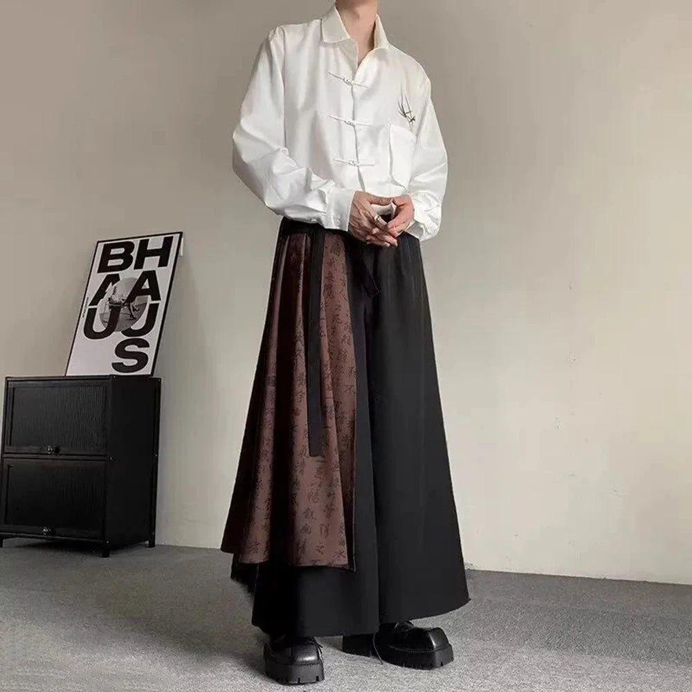 Bonsir Mens Double Layer Chinese Calligraphy Splicing Irregular Culottes 2024 New Genderless Waist Strap Loose Wide Leg Pants Unisex