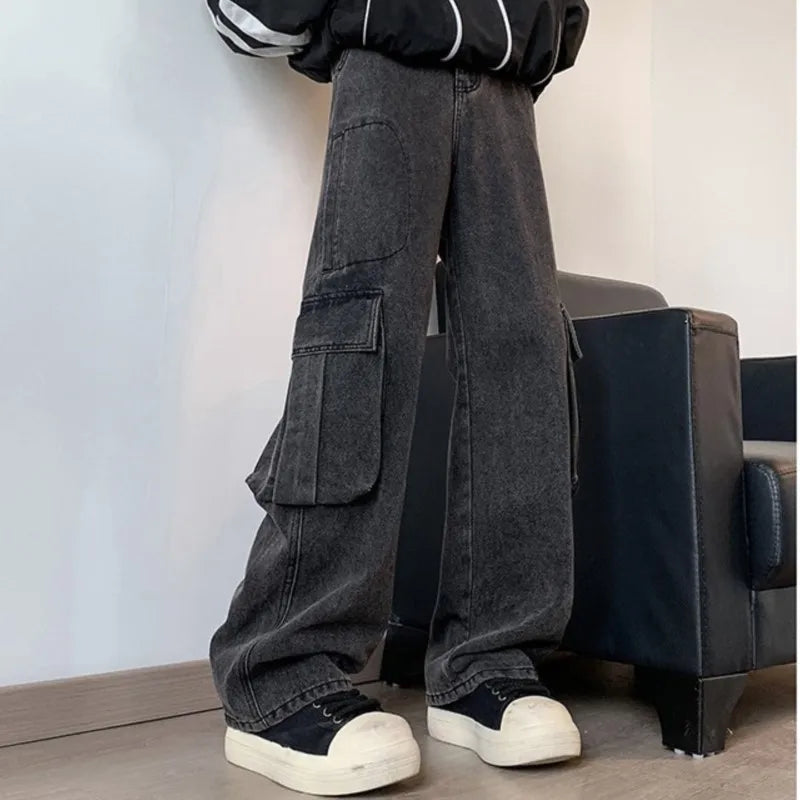 Bonsir Men Cargo Jeans Loose Straight Wide Leg Denim Pants Men's Hip Hop Streetwear Neutral Skateboard Mopping denim Trousers