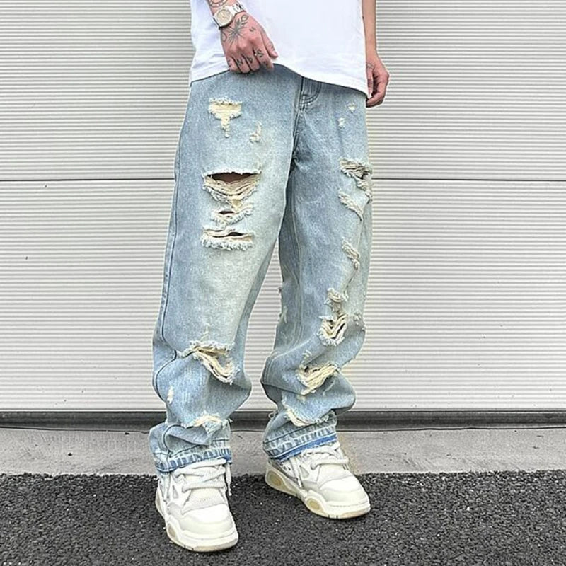 Bonsir Hip Hop Washed Knee Hole Baggy Wide Leg Casual Jeans for Men Y2K Ripped Loose Distressed Denim Trousers Oversized Cargo Pants