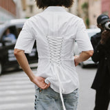 BONSIR  -  Men Shirt Solid Color Lapel Short Sleeve Lace Up Streetwear Men Clothing Summer 2025 Button Fashion Tops Camisas S-5XL