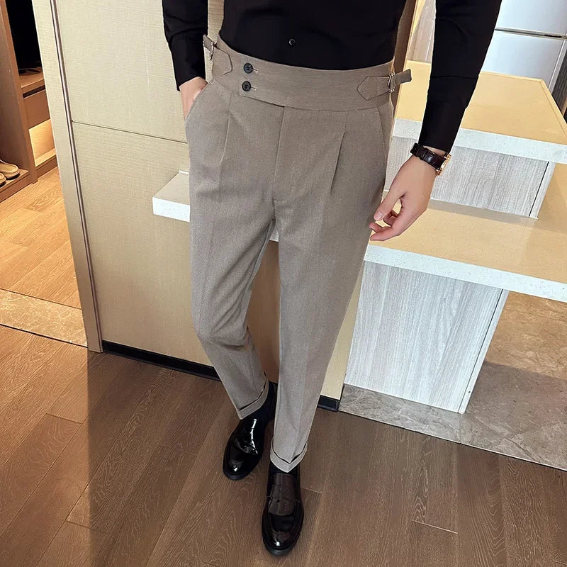 Bonsir Autumn Winter High Waist Business Dress Pants Men Casual Belt Design Slim Suit Pants Formal Wedding Social Party Male Trousers