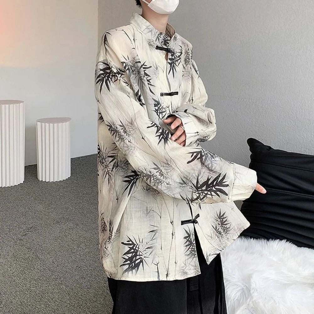 Bonsir Art Men Chinese Style Hanfu Tops Traditional Ethnic Kung Fu Trendy Shirt Sunscreen Clothing Bamboo Leaf Pan Button Printing Top