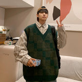 BONSIR  -  Sweater Vest Men Autumn V-neck Japanese Vintage Plaid College Knitted Fashion Loose All-match Ins Sleeveless Pullover Clothing