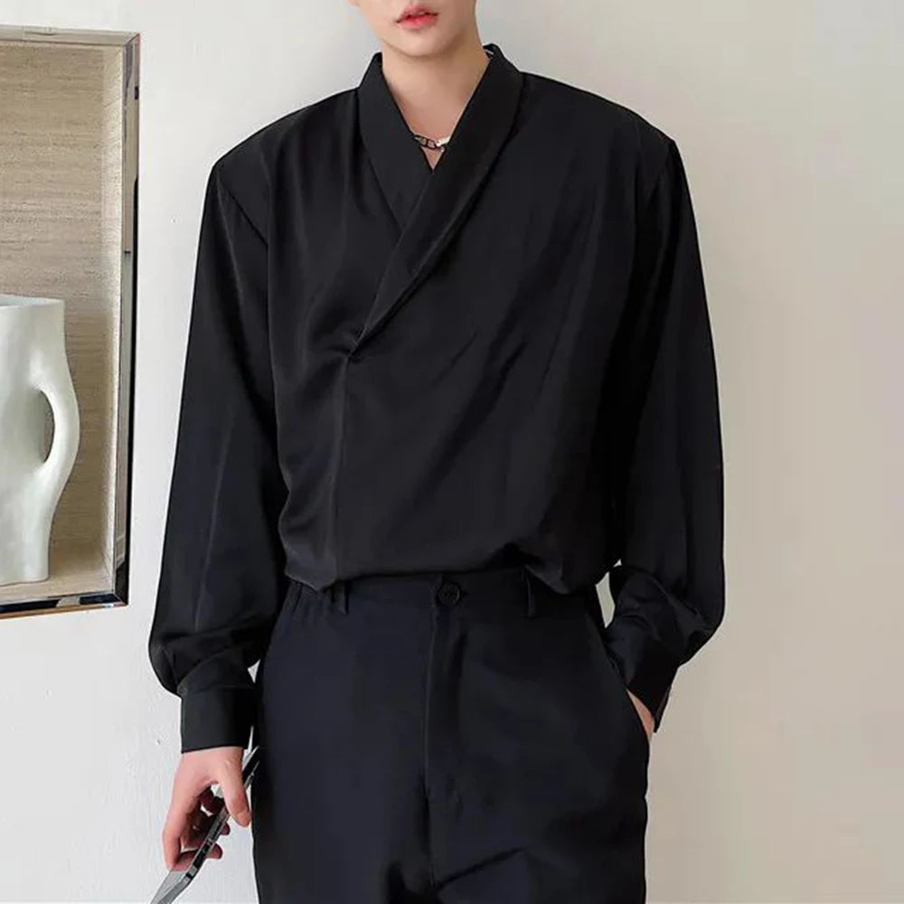 Bonsir Mens V-Neck Basic Casual Long-Sleeved Shirt 2024 New Autumn Winter Genderless Fashion Simple Retro Solid Color Shirt Unisex