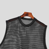 BONSIR  -  Streetwear Mens Fashion Mesh Tank Tops Hollow Out See Through Sexy Vest Men Summer Trendy Solid Color Loose Sleeveless Camisoles