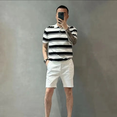 Bonsir Smart Casual Summer Polo Shirts Men Turn-down Collar Striped Contrast Color Button Simplicity Fashion Loose Short Sleeve Tops