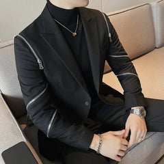 Bonsir Autumn New Zipper Decoration Blazer Men Casual Slim Fit Business Dress Coats Homme Formal Social Prom Tuxedo Men Clothing