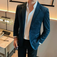 Bonsir Autumn Velvet Blazers Jacket Solid Color Casual Slim Fit Business Suit Coat High Quality Fashion Men Wedding Social Tuxedo