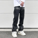 Bonsir High Street Patchwork Ripped Black Jeans Pants for Men Straight Retro Casual Sashes Pockets Denim Trousers Oversized Loose Jean