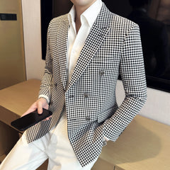 Bonsir British Style Fashion Double Breasted Casual Blazer Coat Men Check Slim Fit Suit Jacket Formal Office Wedding Tuxedo Jacket