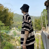 Bonsir Mens Rainbow Striped T-Shirt Daily Hollow Breathable Streetwear Personality Youth Versatile Tops Men'S Clothing 2024 Summer