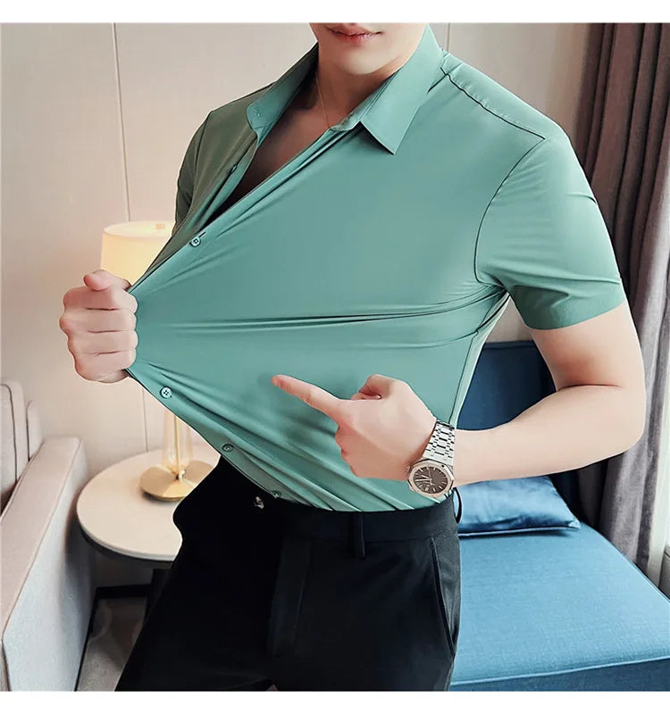 Bonsir 6 Colors Summer Ice Silk No Trace High Elasticity Shirt Men High Quality Short Sleeve Slim Fit Casual Business Dress Shirt 4XL-M