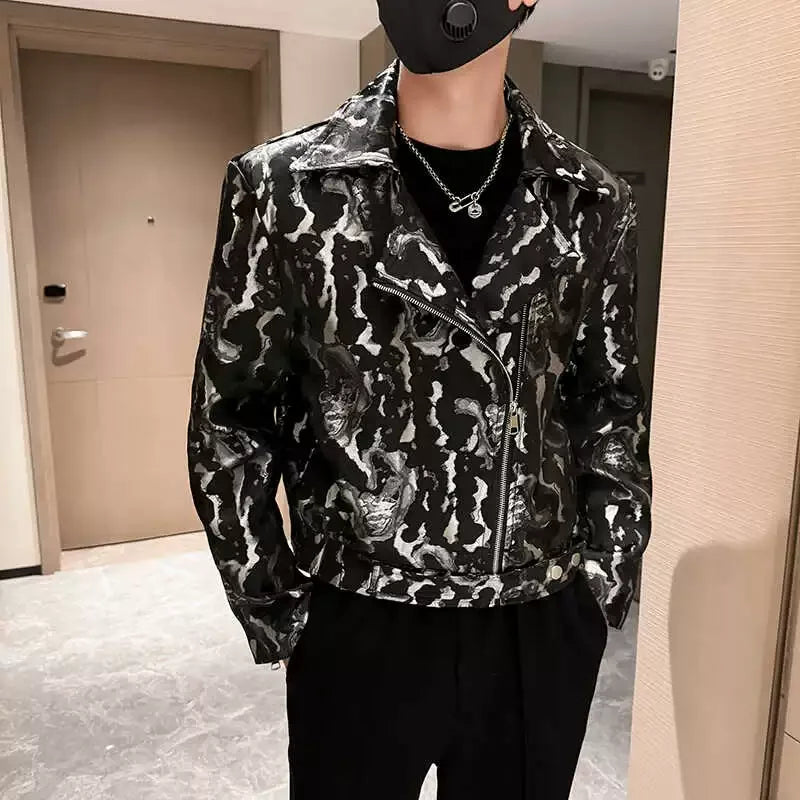 Bonsir High Quality Ink Painting Jacquard Locomotive Jacket Autumn New Fashion Zipper Coat  Nightclub Club Social Men's Jackets