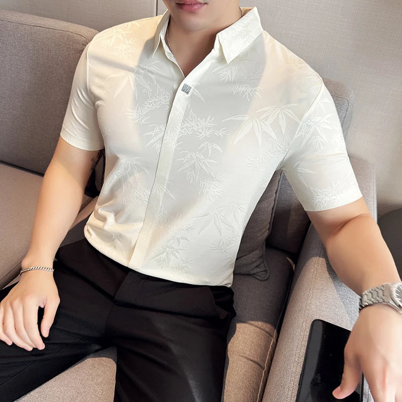 Bonsir New Chinese Style Fashion Jacquard Traceless V Neck Polo Shirt Men Lapel Thin Short Sleeve Lapel Slim Fit Breathable Tee