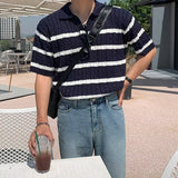 BONSIR  -  Men Fashion Stripe Lapel T-Shirt Short Sleeve Comfort Knitted Polo Shirt High Quality Coarse Fried Dough Twists Design Top