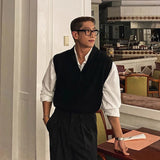 BONSIR  -  New Korean Fashion Polo Neck Men Sweater Vest Light Luxury Retro Business Knitted Sleeveless Waistcoats Leisure Premium Knitwear