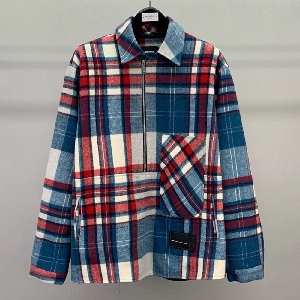 Bonsir Men's American Wool Plaid Coat Shirt Trendy Autumn Winter Striped Casual Street  Comfort Loose Color-Blocked Long-Sleeved Coat