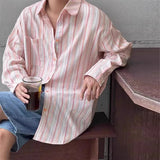 BONSIR  -  New Japanese Vintage Men Striped Shirts Luxury Casual Trendy Long Sleeve Cardigan Tops Fashion Leisure Macaron Sunscreen Blouse