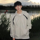 BONSIR  -  Men's Hooded Sweatshirt Coat Retro Contrasting Color Splicing Male Cardigan Autumn High Street Style Loose Zipper Top